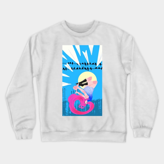 Paper plane beautiful woman upside down moon town and bird Crewneck Sweatshirt by meisanmui